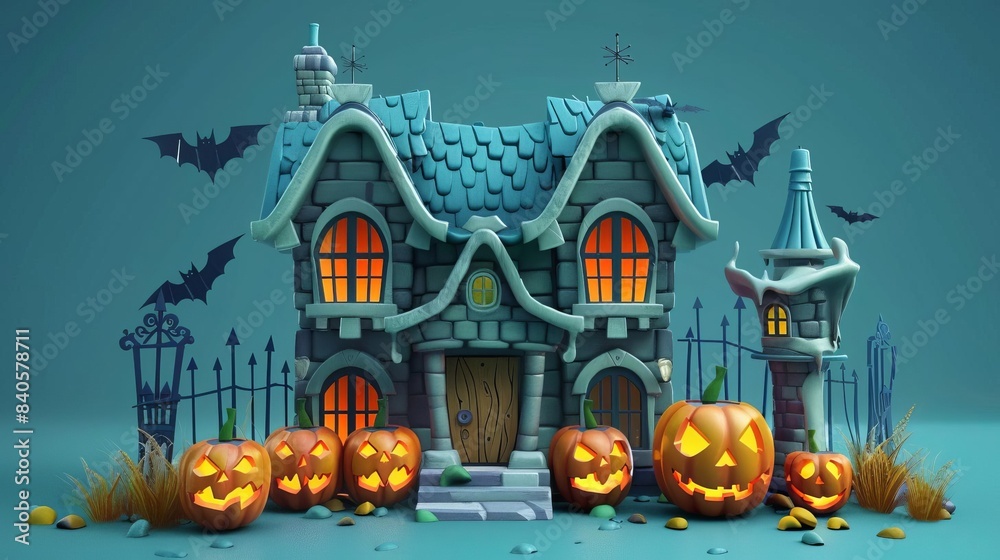 10 Spooky 3D cartoon haunted house with jackolanterns for Halloween 10 Spooky 3D cartoon haunted house with jackolanterns for Halloween