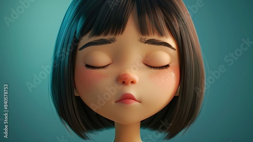 sad upset asian girl cartoon character with closed eyes 3d illustration of human emotions