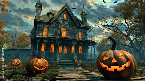 10 Spooky 3D cartoon haunted house with jackolanterns for Halloween