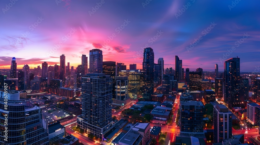 Obraz premium Captivating Urban Skyline Transitioning from Day to Night with Vibrant Lighting and Color