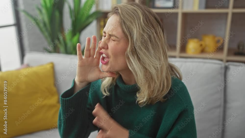 Young blonde woman, pensive face on hand, sitting on sofa at home, seriously thinking over confusing question Young blonde woman, pensive face on hand, sitting on sofa at home, seriously thinking over confusing question