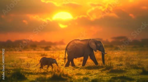 elephant and her calf walking in the grassland  sunset background  beautiful detail of large and small elephants with green grassland below  Ai Generated Images