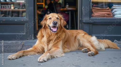 A golden retriever dog lies on the sidewalk outside a shop  looking happy and relaxed.