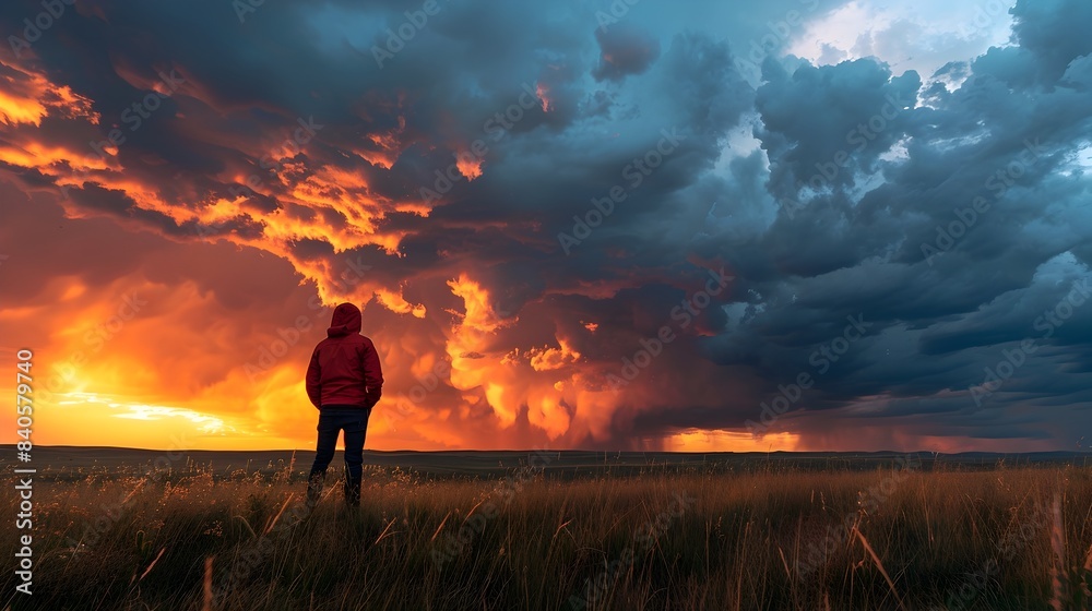 Fototapeta premium Lone meteorologist studies dramatic stormy sky amidst scenic countryside landscape