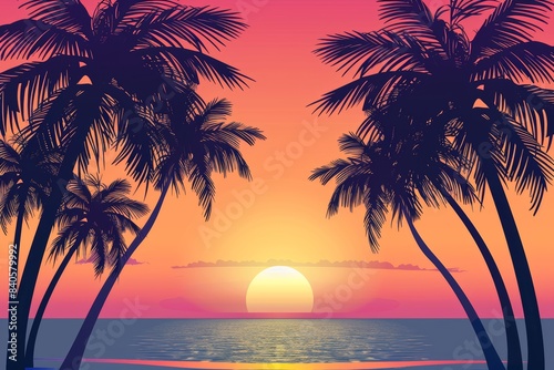 Illustration of vibrant tropical sunset with silhouetted palm trees on white background Perfect for tropicalthemed designs and sunset visuals