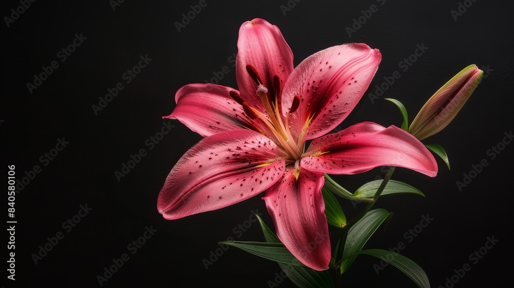Fototapeta premium Macro image of a blooming pink lily, isolated on a black background. Simple and beautiful, making a perfect minimalist desktop wallpaper