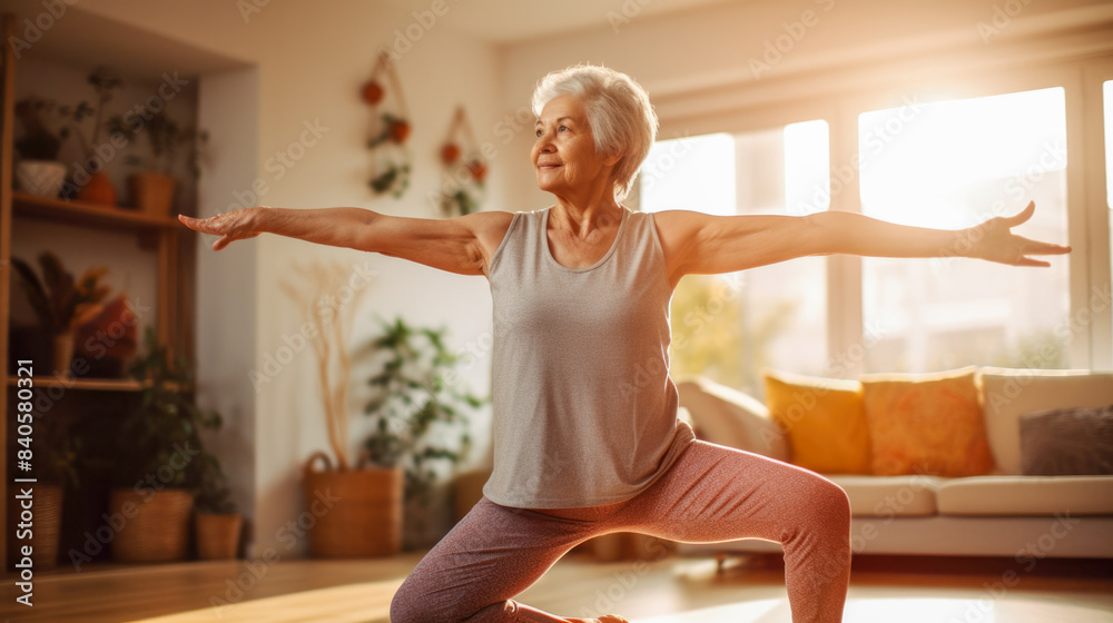 An elderly woman practices meditation or yoga in a quiet living room with soft sunlight An elderly woman practices meditation or yoga in a quiet living room with soft sunlight