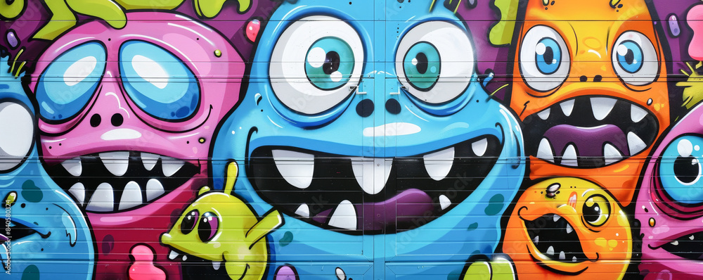 Fototapeta premium Colorful monster faces in street art graffiti, vibrant urban wall mural