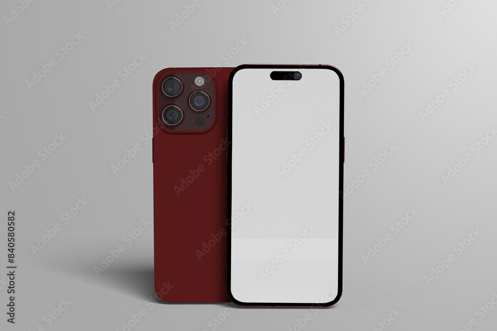 Realistic mockup of two red smartphones facing forward and the other facing backwards Realistic mockup of two red smartphones facing forward and the other facing backwards