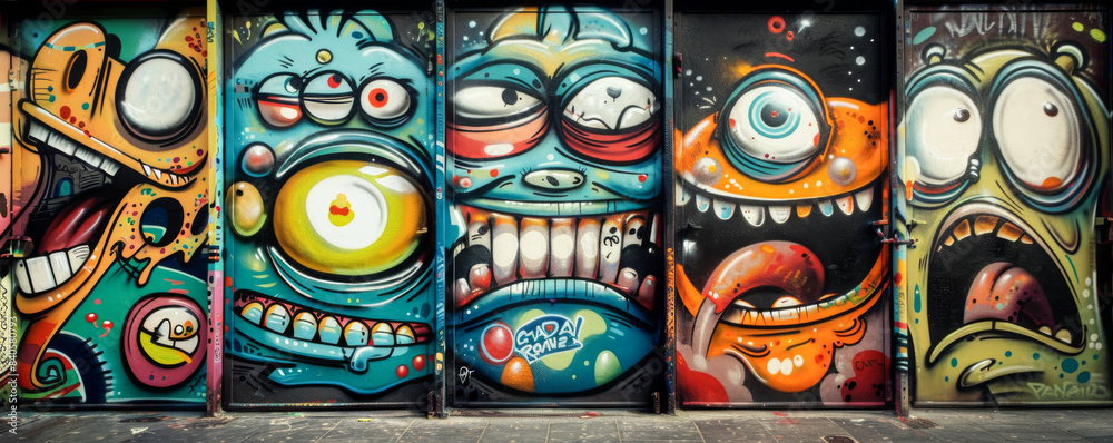 Fototapeta premium Colorful monster faces in street art graffiti, vibrant urban wall mural