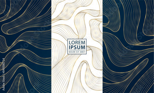 Vector set of wave design line labels, sea patterns, wine package. Art japanese texture, gold luxury abstract ornament. Elegant ocean graphic, fancy illustration
