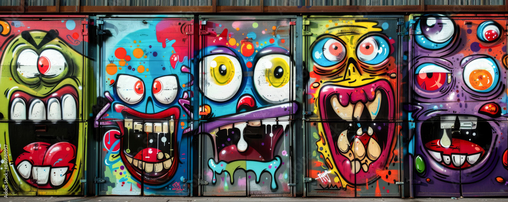 Fototapeta premium Colorful monster faces in street art graffiti, vibrant urban wall mural