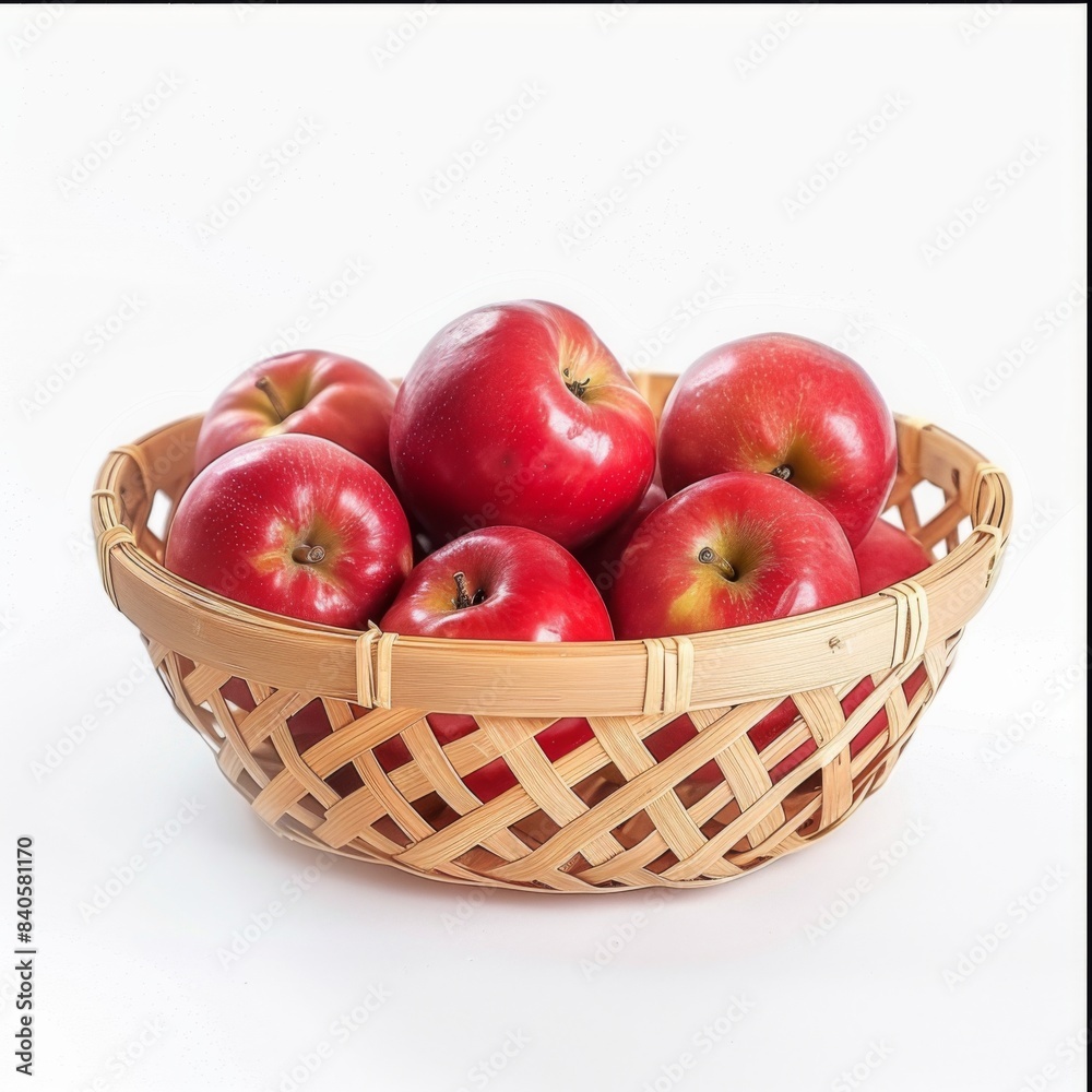 isolate Fresh apple appetizing There are not peeling. And peeled and ready to eat in the Small bamboo basket on white background isolate Fresh apple appetizing There are not peeling. And peeled and ready to eat in the Small bamboo basket on white background