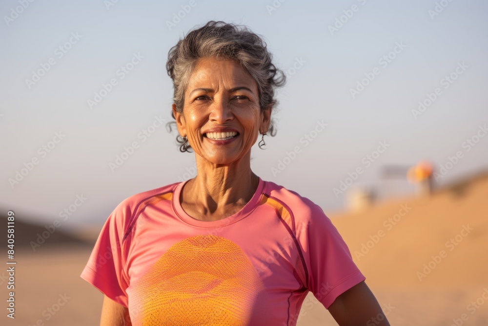 Portrait of a merry indian woman in her 60s sporting a technical climbing shirt in front of sandy beach background Portrait of a merry indian woman in her 60s sporting a technical climbing shirt in front of sandy beach background