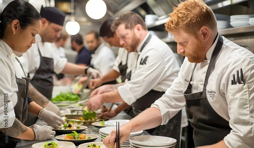 group of chefs and kitchen staff working together in a professional restaurant's bustling kitchen, creating a variety of dishes