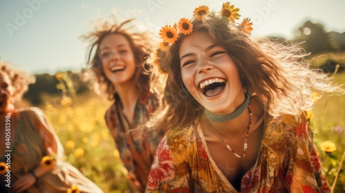 Three young women wearing flower crowns and bright clothes with accessories laugh and enjoy in a field of wild flowers in soft sunlight