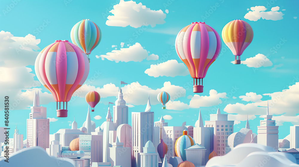 Obraz premium Air balloon in the sky, colorful hot air balloon floating with clouds, summer adventure, flying high, illustration of a vibrant airship, rainbow color