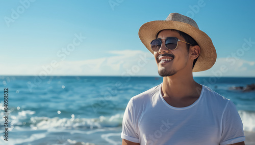 A man is standing in the ocean wearing a green shirt