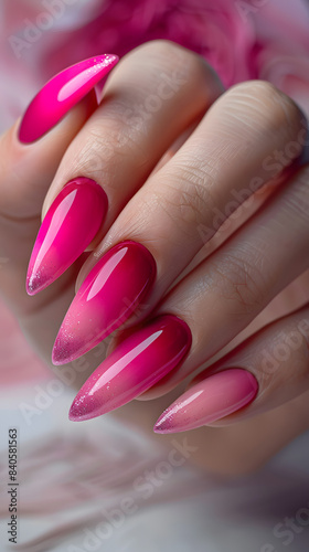 Close up of a womans hand with long pink nail polish
