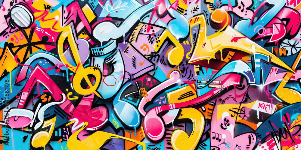 Fototapeta premium Urban Street Beats: Graffiti Wall Covered in Vibrant Music Notes and Hip-Hop Elements