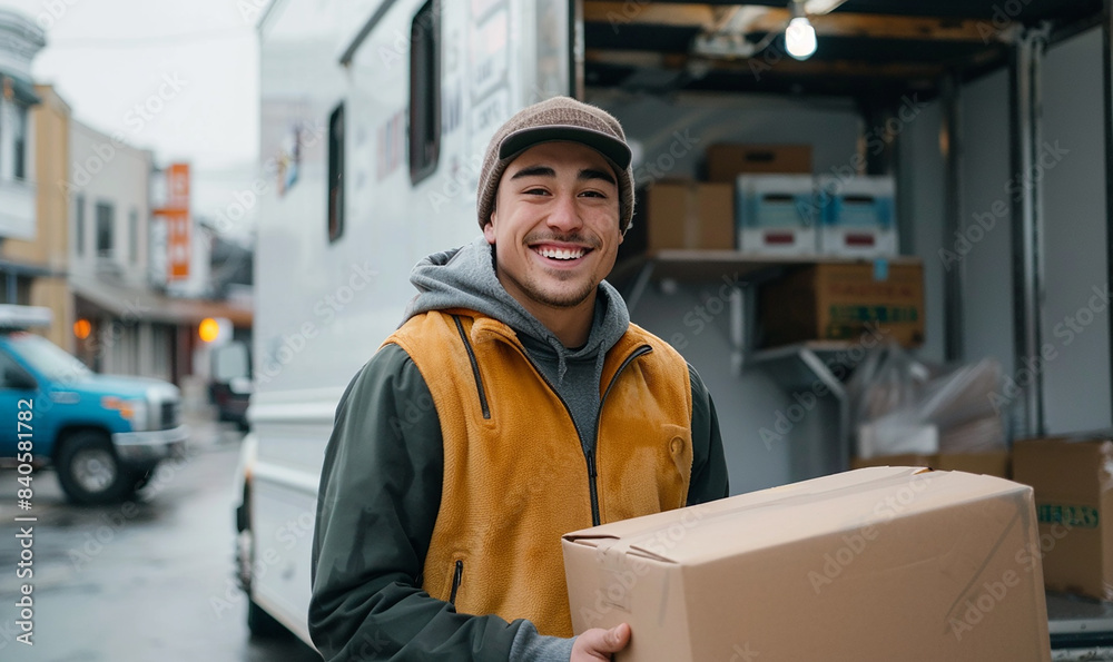 A delivery man wearing a company form holds a box, smiling with beautiful teeth, standing in front of a delivery truck. A delivery man wearing a company form holds a box, smiling with beautiful teeth, standing in front of a delivery truck.