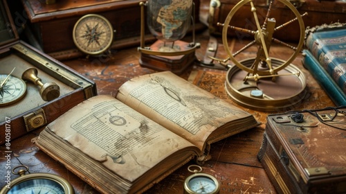 An antique science book open on a desk with classic instruments like a sextant and compass around it