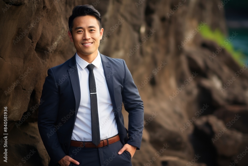 Portrait of a grinning asian man in his 30s wearing a professional suit jacket in rocky cliff background Portrait of a grinning asian man in his 30s wearing a professional suit jacket in rocky cliff background