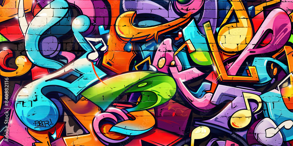 Fototapeta premium Urban Street Beats: Graffiti Wall Covered in Vibrant Music Notes and Hip-Hop Elements