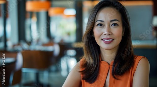 Portrait of filipina woman beautiful business leader, in modern bright office boardroom, professional atmosphere, leadership, diverse workplace, corporate setting.