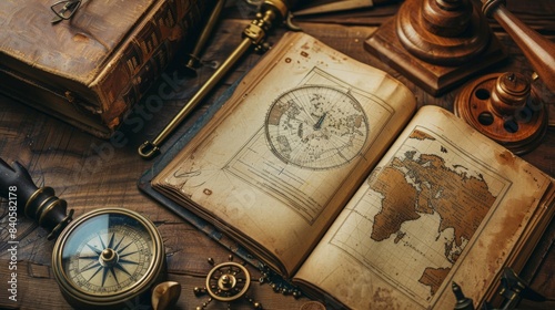 An antique science book open on a desk with classic instruments like a sextant and compass around it