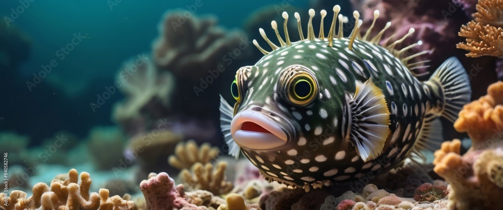 puffer fish and coral and fish, shiny aura, highly detailed, gold filigree, intricate motifs, organic tracery, perfect composition, smooth, sharp focus, sparkling particles, lively coral reef puffer fish and coral and fish, shiny aura, highly detailed, gold filigree, intricate motifs, organic tracery, perfect composition, smooth, sharp focus, sparkling particles, lively coral reef