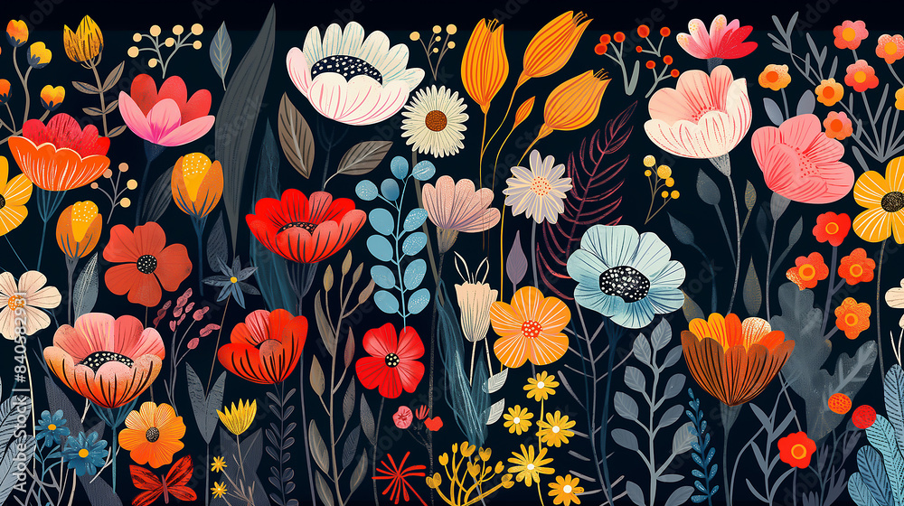 beautiful detailed colorful flowers seamless pattern, scandinavian art beautiful detailed colorful flowers seamless pattern, scandinavian art