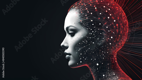 a woman's face is shown with dots in the shape of a head and a line of dots in the shape of a woman's head.	Woman head red light close-up