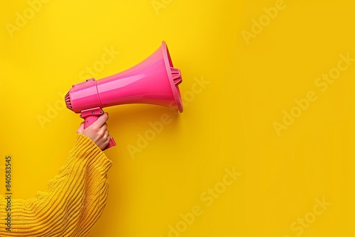 Person holding pink megaphone yellow wall
