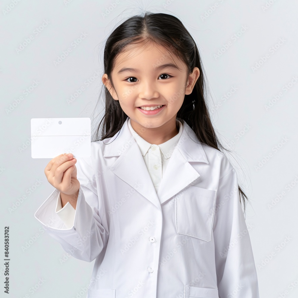 Portrait photography of a cute little professional, Smile cute little Pharmacist with a White label Tag, on Isolated White color background, editorial style Portrait photography of a cute little professional, Smile cute little Pharmacist with a White label Tag, on Isolated White color background, editorial style