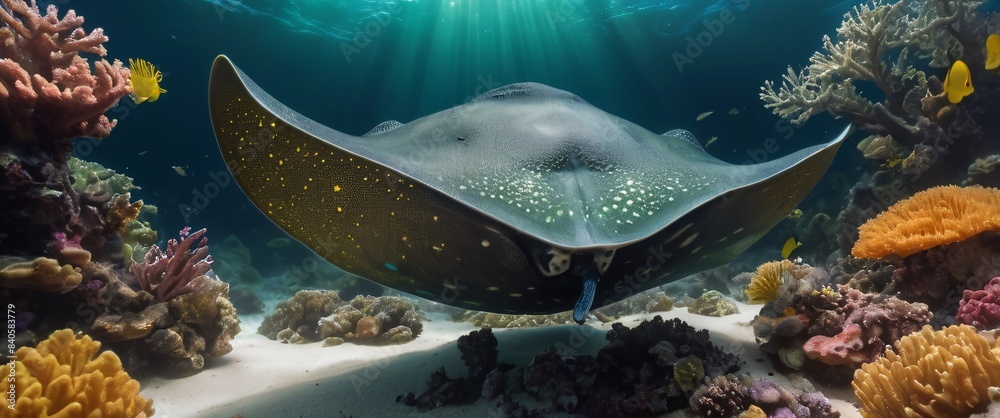 Fototapeta premium stingray and coral and fish, shiny aura, highly detailed, gold filigree, intricate motifs, organic tracery, perfect composition, smooth, sharp focus, sparkling particles, lively coral reef