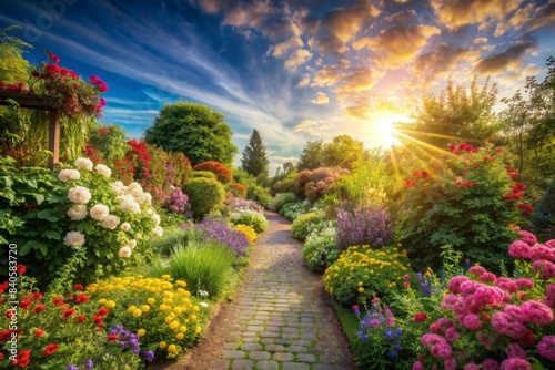 Garden with a pathway leading to heaven, featuring lush flowers, sunlit sky, and a sense of peace , Garden, landscape art