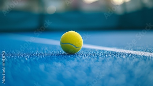 Tennis ball with paddle in focus, blue court and net blurred in background © AlfaSmart