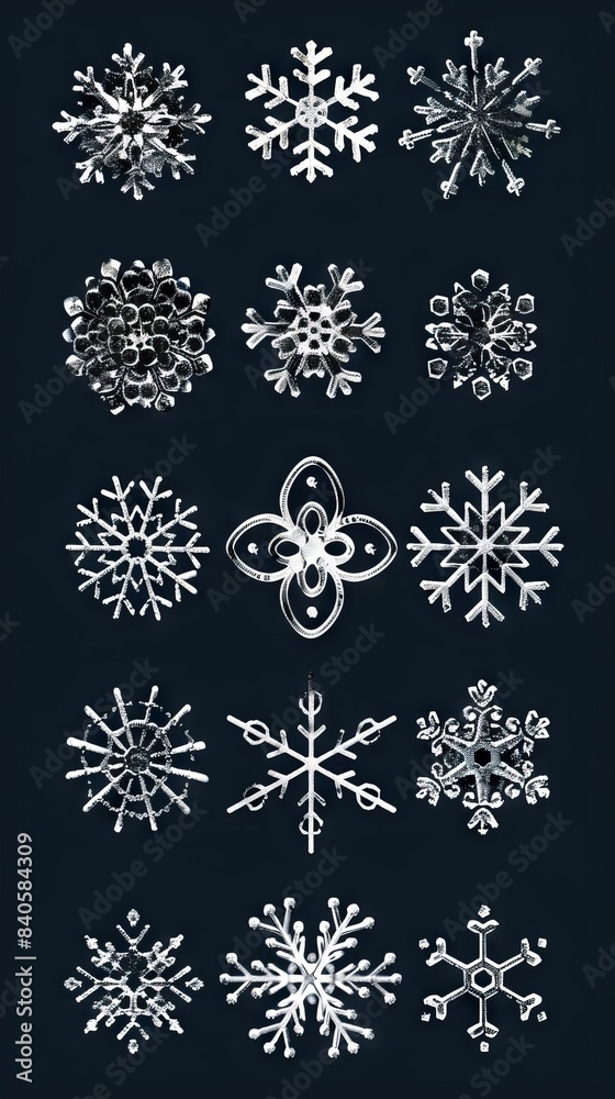 Set of snowflakes isolated on black background. illustration. Set of snowflakes isolated on black background. illustration.