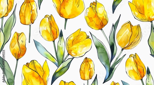 Yellow tulips on white background  watercolor pattern design.