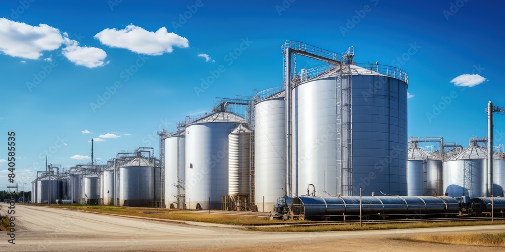 Industry, Tank for storing fuel and lubricants in large volumes. Strategic reserve. Large industrial oil tanks at an oil refinery. Industry, Tank for storing fuel and lubricants in large volumes. Strategic reserve. Large industrial oil tanks at an oil refinery.