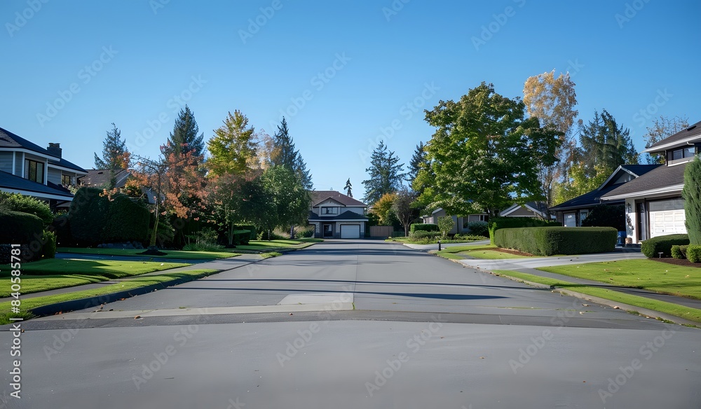 Fototapeta premium Front yard of a beautiful suburban home. Green grass and trees surround an empty driveway with neatly trimmed hedges around i