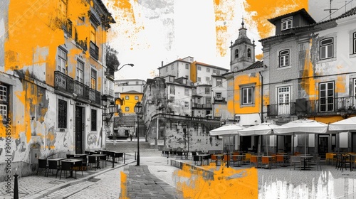 Contemporary Art Collage with Portuguese Town Square

