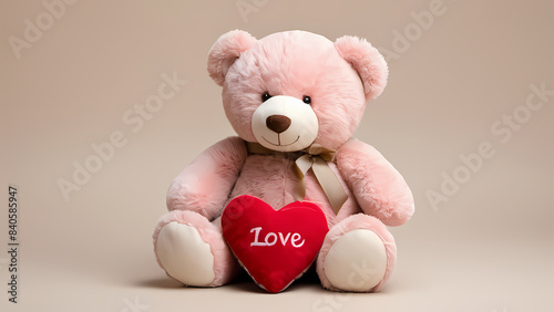 Pink teddy bear with red heart., love card with copy space photo