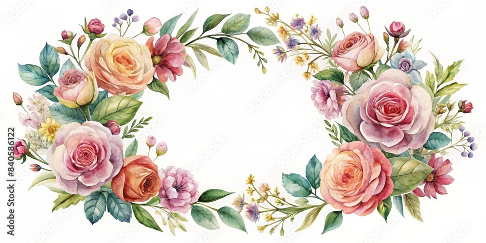 Watercolor of a spring floral wreath with roses and wildflowers in a circle frame, spring, floral, wreath, bouquet