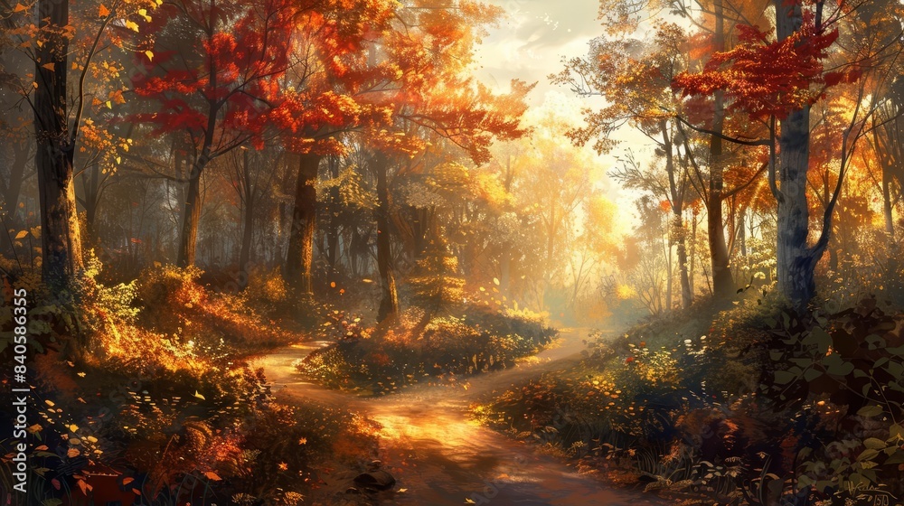 serene autumn forest landscape with vibrant fall foliage winding path and gentle sunlight digital painting