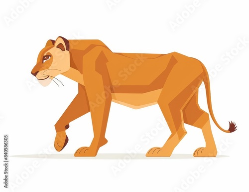 The cartoon illustration of an adult lioness in a predatory environment  isolated on a white background  depicts the female lion as a cute  cartoony animal.