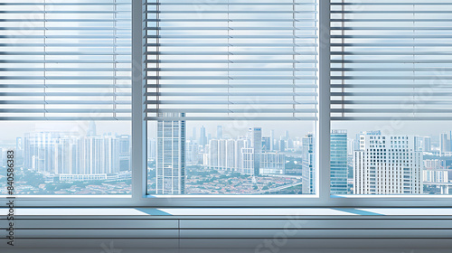 a window with white blinds and a view of a city isolated on white background  png