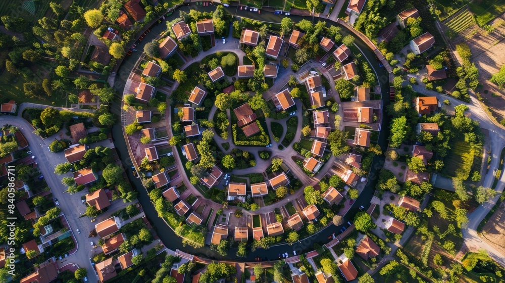 Obraz premium An overhead view of a geometrically perfect circular village layout