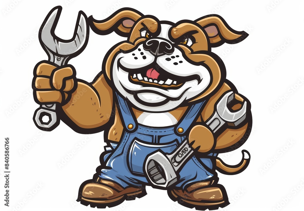 Plumber, mechanic, handyman cartoon mascot peeping around a sign and handing a wrench or spanner to the bulldog Plumber, mechanic, handyman cartoon mascot peeping around a sign and handing a wrench or spanner to the bulldog